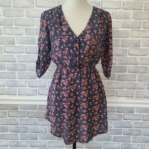 Wet Seal Womens Mini Dress Blue Floral 3/4 Roll Tab Sleeves M Cottage Feminine